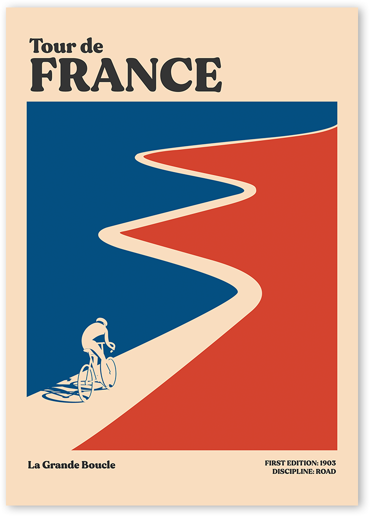 Retro Tour de France poster features a cyclist riding a bicycle on a winding road which is formed by using negative space in between blue and red colours with beige background.