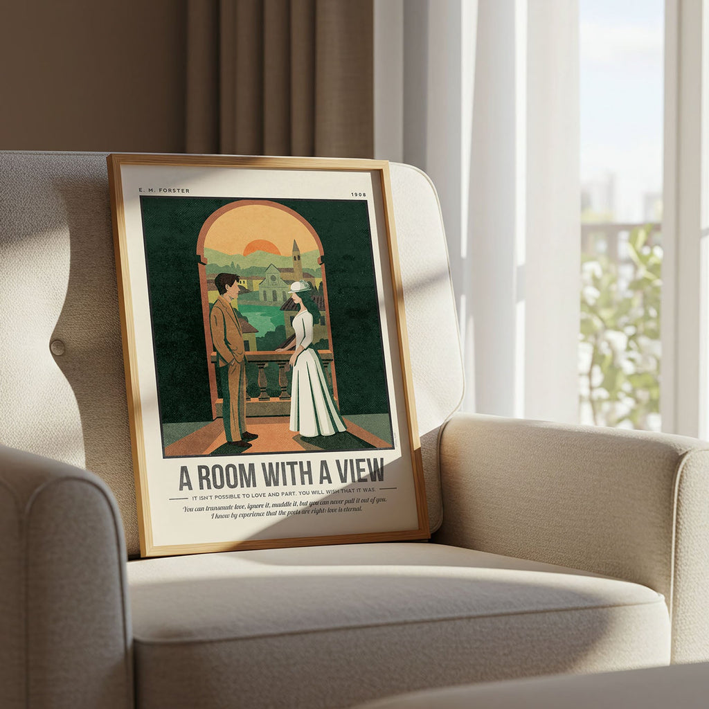 Framed A Room with a View Book artwork on a beige armchair in a bright room with large windows.