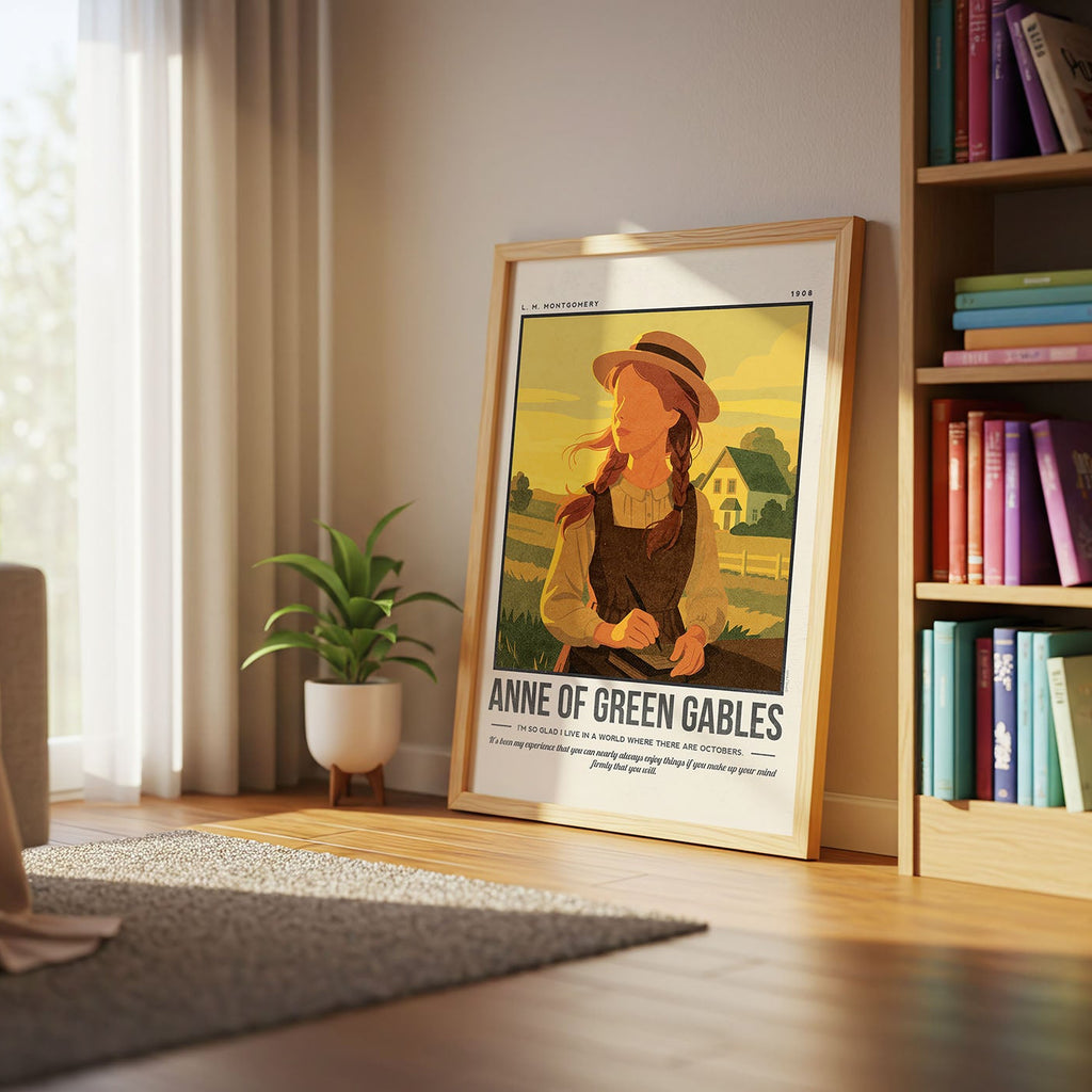 Framed poster of 'Anne of Green Gables' in a living room with a bookshelf and plant.