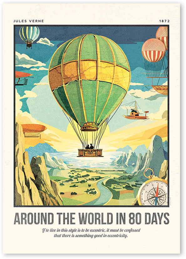 Vintage-style illustration of hot air balloons over a landscape with text 'Around the World in 80 Days' by Jules Verne.