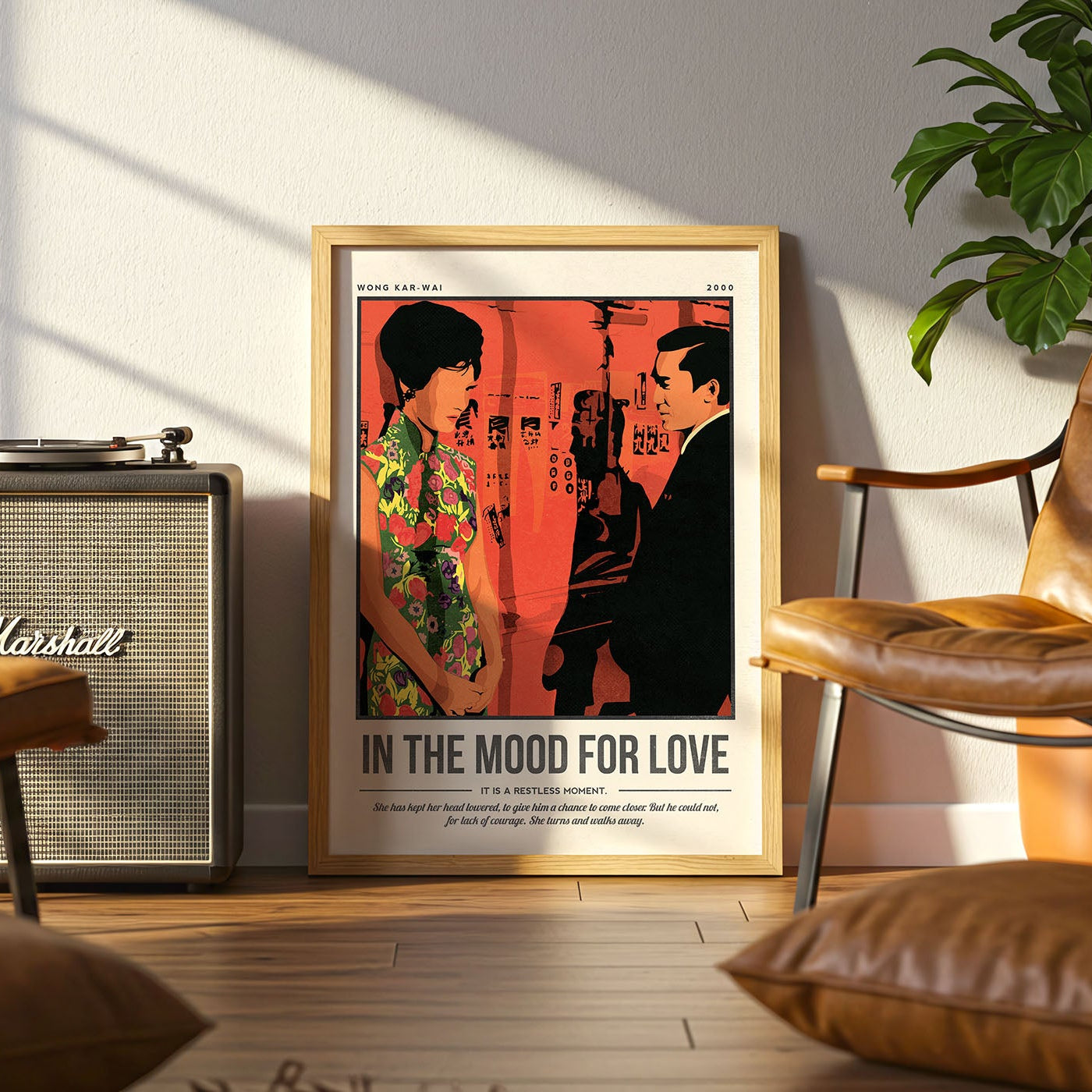 Framed movie poster 'In the Mood for Love' in a living room with an amplifier and brown chair.
