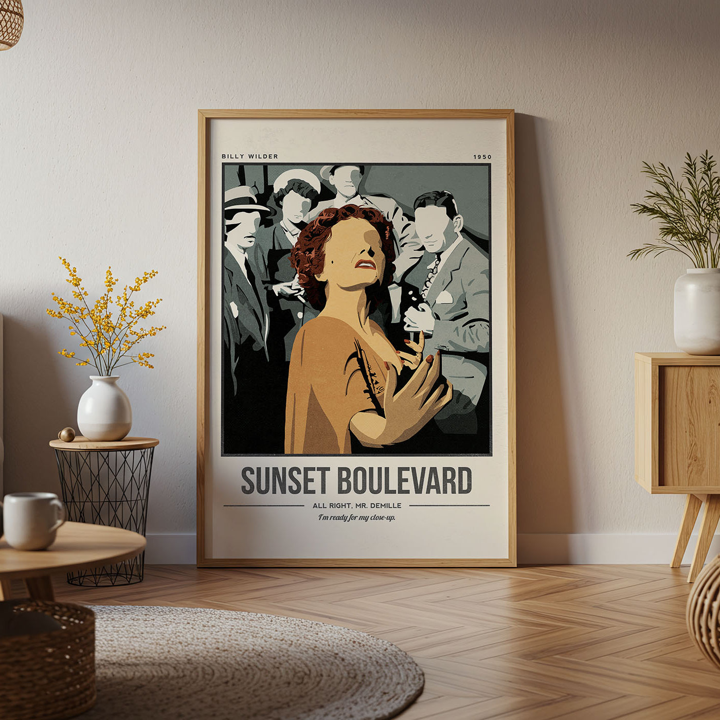 Framed movie poster of 'Sunset Boulevard' in a living room setting.