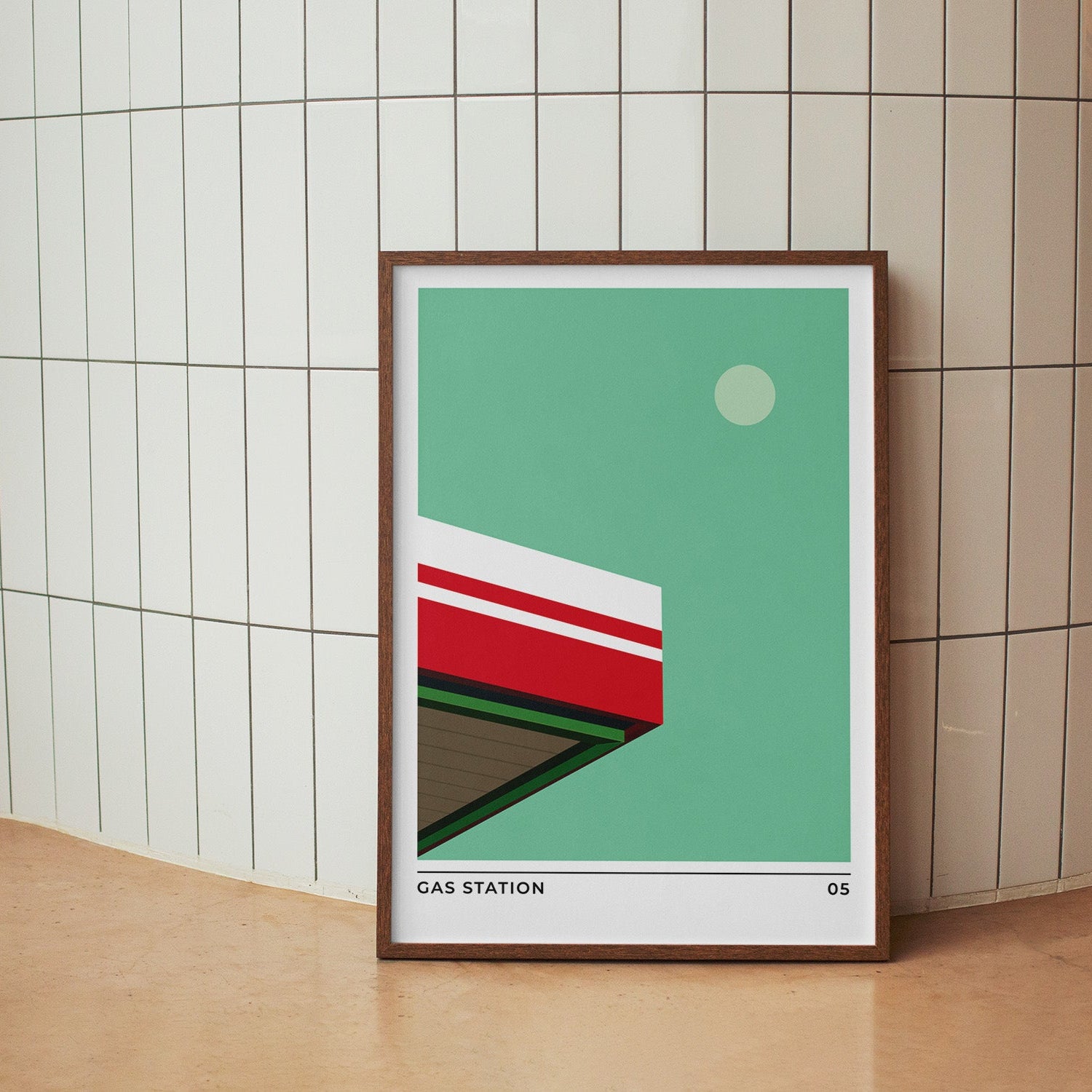 Framed poster with geometric design of gas station with sky and moon