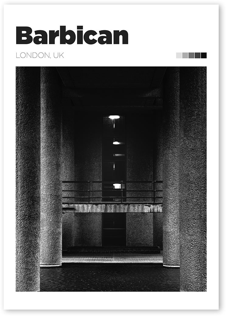 Wall art print of a black and white photo of Barbican, a brutalist building in London, England