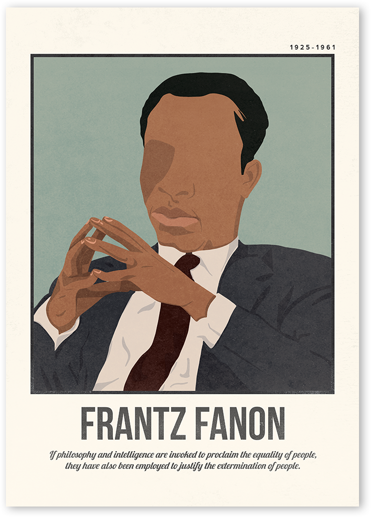 A minimalist and modern portrait illustration of the philosopher Frantz Fanon with one colour background with his quotes.