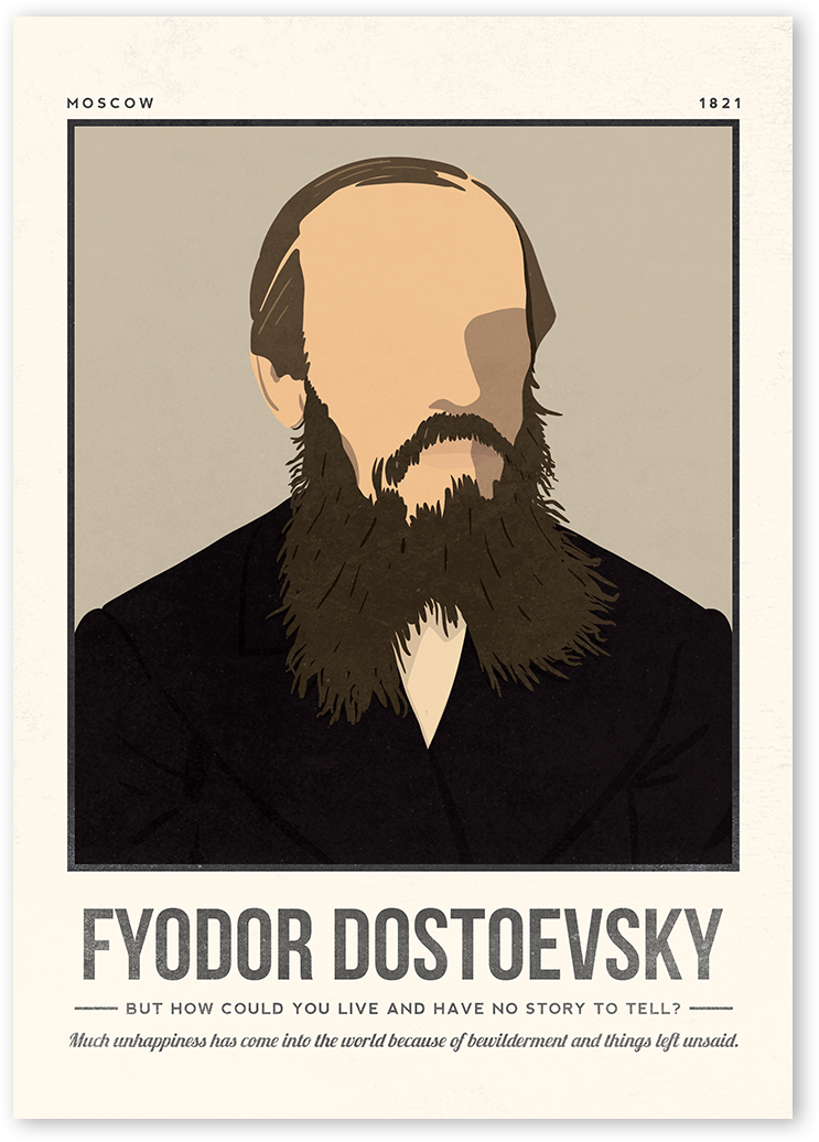 A minimalist and modern portrait illustration of the author Fyodor Dostoevsky with one colour background with his quotes.