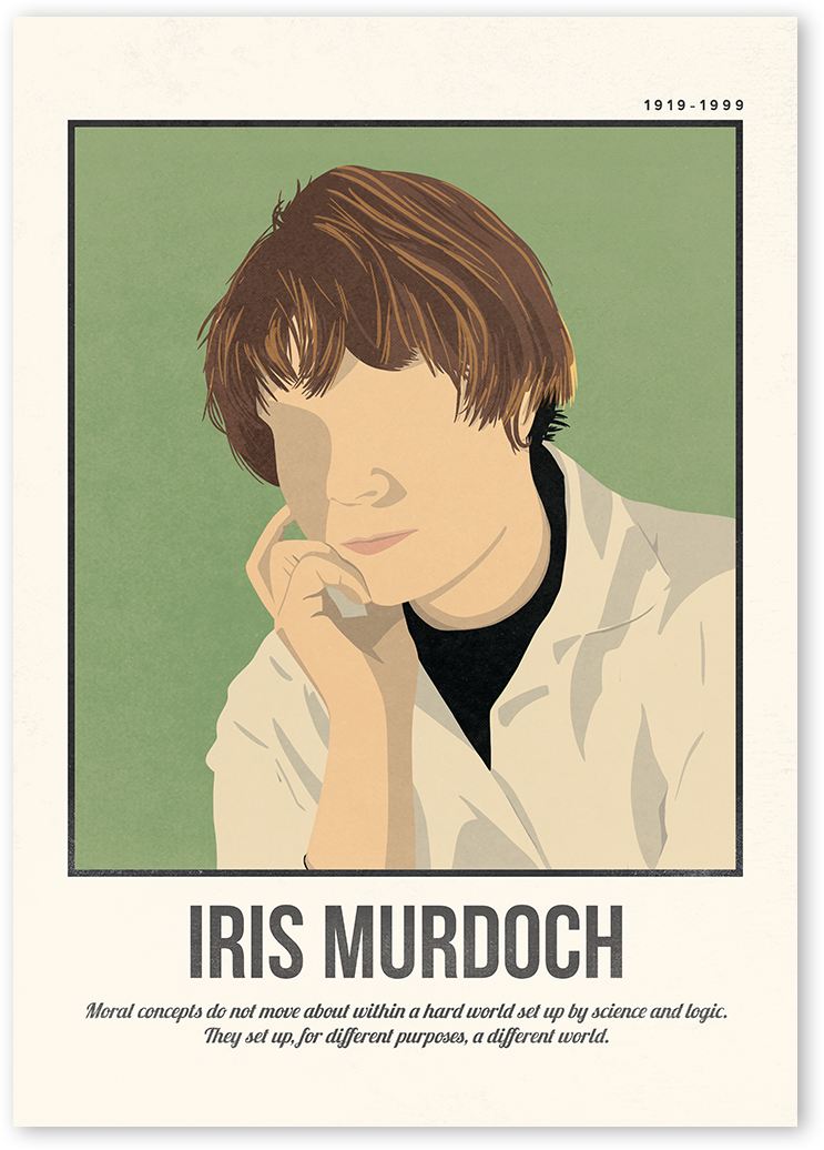 A minimalist and modern portrait illustration of the philosopher Iris Murdoch with one colour background with her quotes.