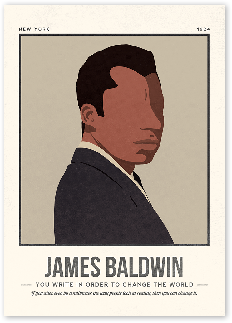A minimalist and modern portrait illustration of the author James Baldwin with one colour background with his quotes.