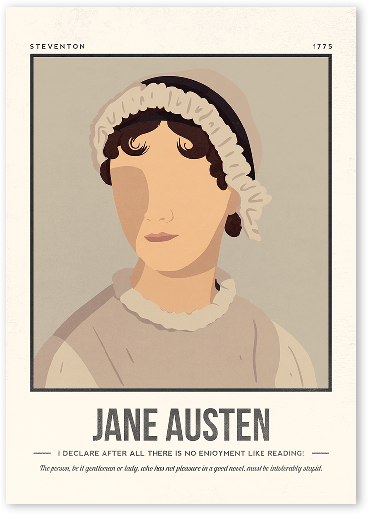A minimalist and modern portrait illustration of the author Jane Austen with one colour background with her quotes.