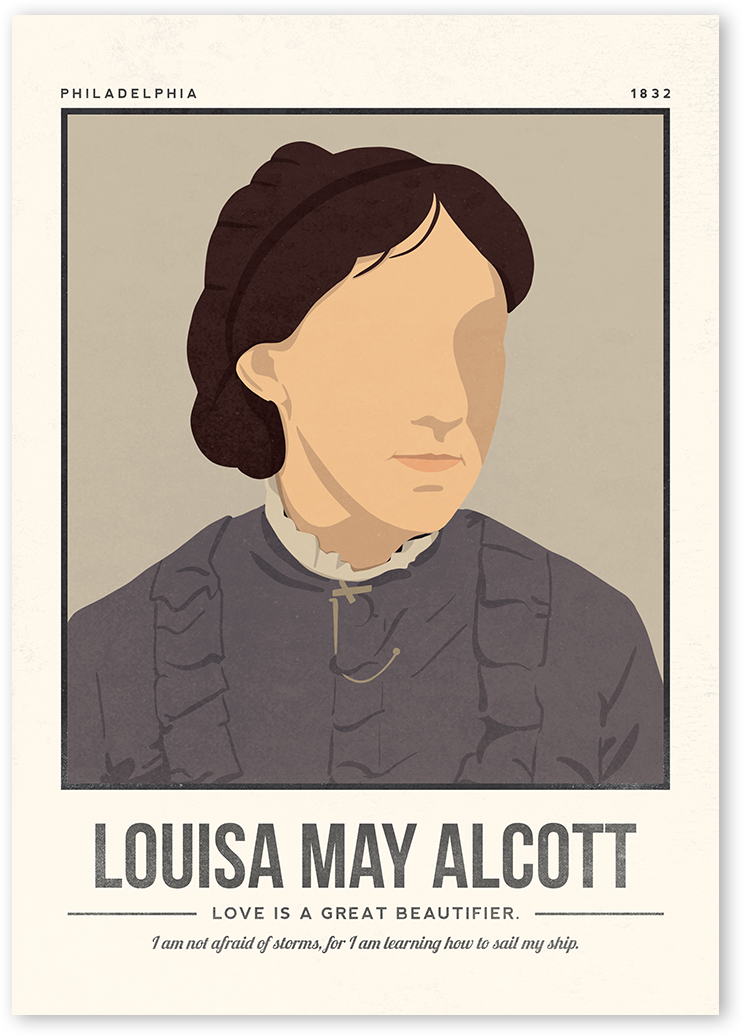 A minimalist and modern portrait illustration of the author Louisa May Alcott  with one colour background with her quotes.