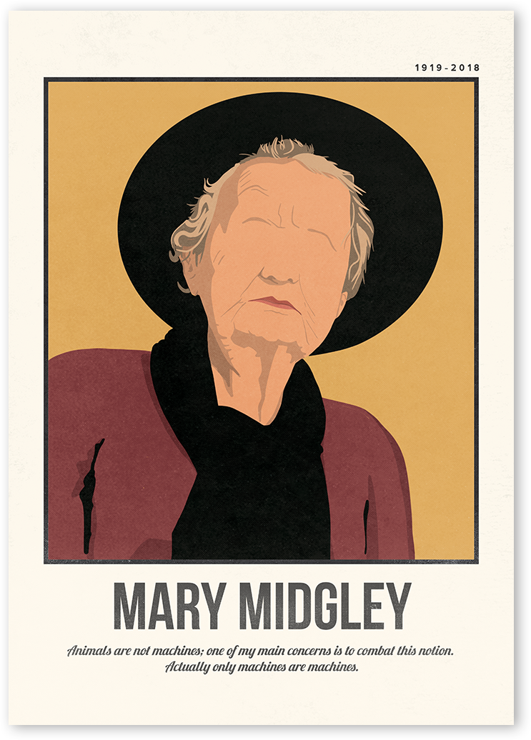 A minimalist and modern portrait illustration of the philosopher Mary Midgley with one colour background with her quotes.