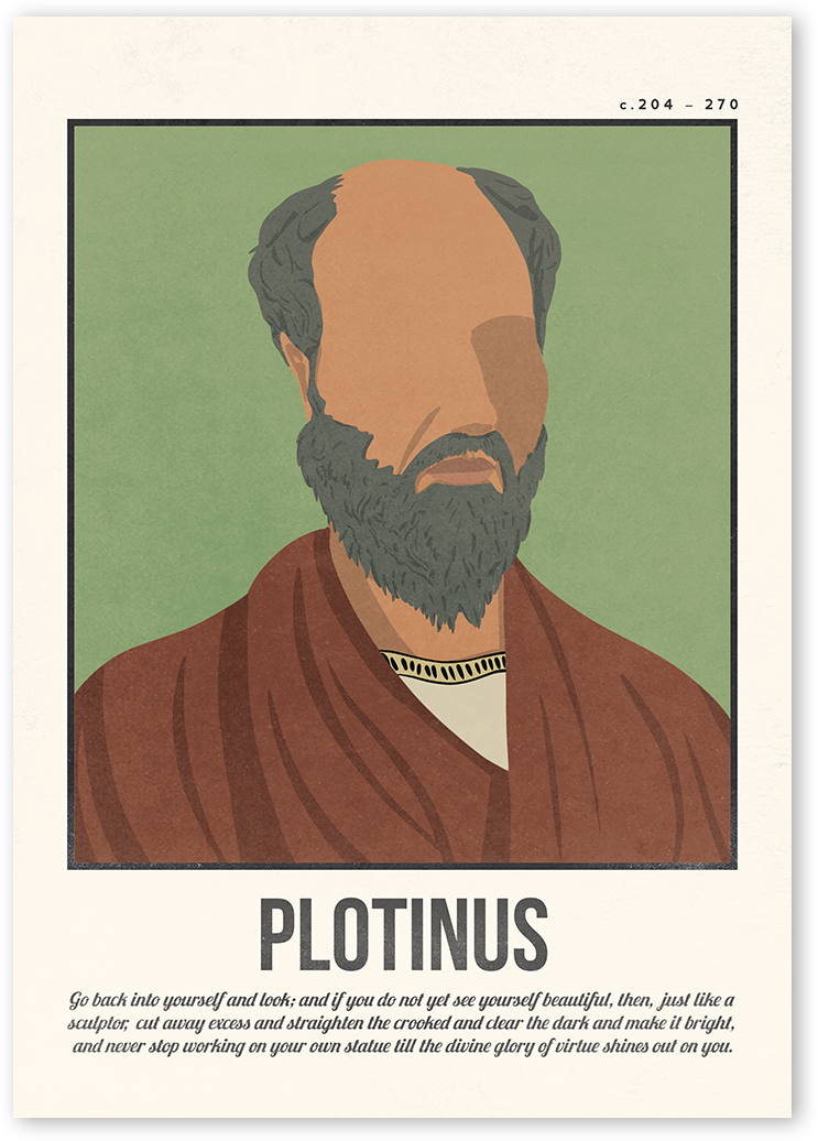 A minimalist and modern portrait illustration of the philosopher Plotinus with one colour background with his quotes.