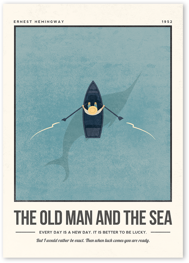 The Old Man and The Sea Book Cover art. A minimalist illustration showing a man on a boat with Hemingway's quotes.
