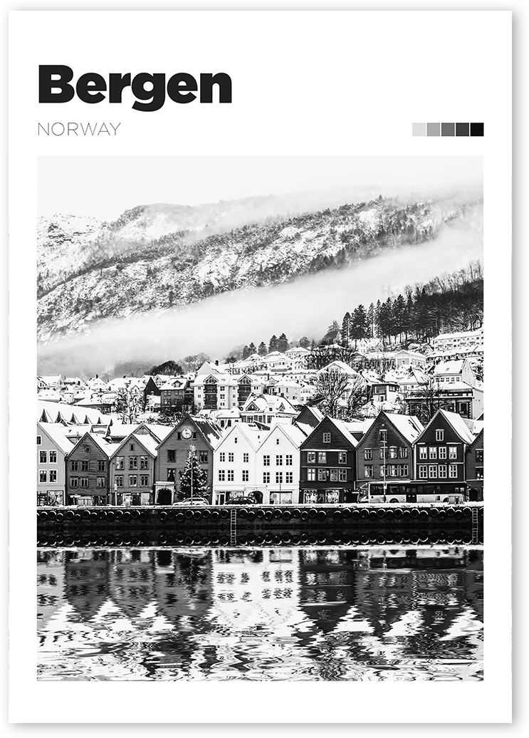Black and White Poster of colourful buildings along the North Sea in Bergen, Norway.