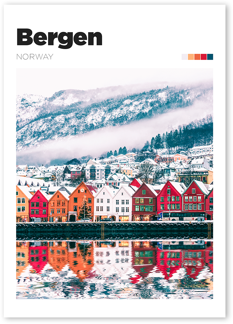 Poster of colourful buildings along the North Sea in Bergen, Norway.