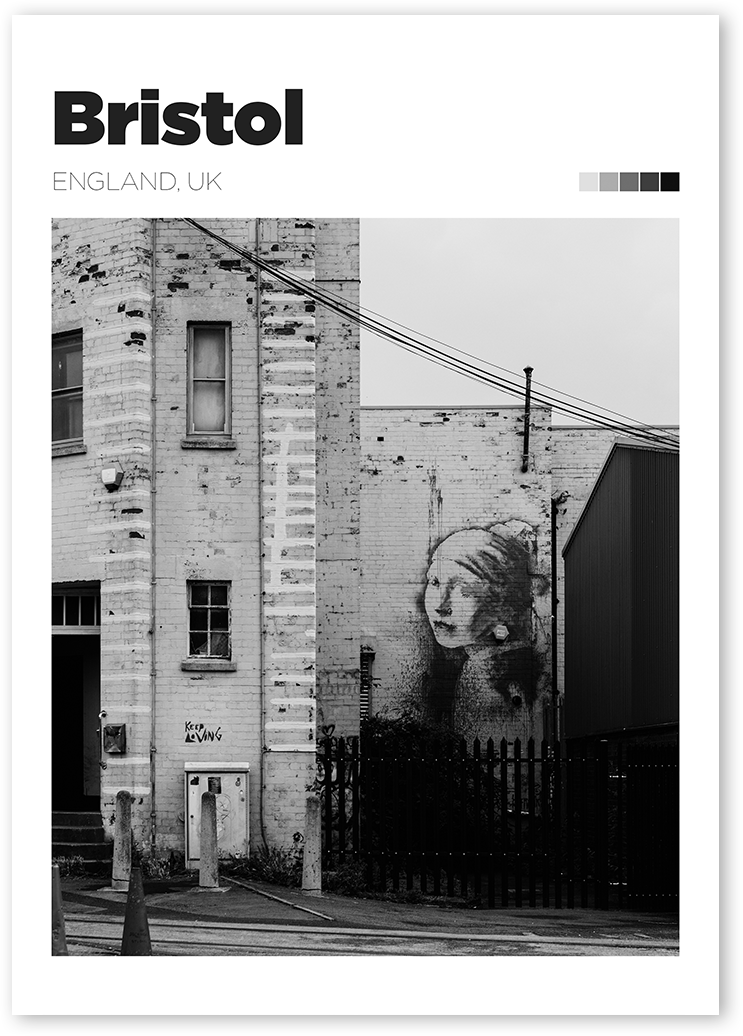 Black and White photography print of Bristol. Picturer shows one of Banksy's most known graffitis on a large scale.