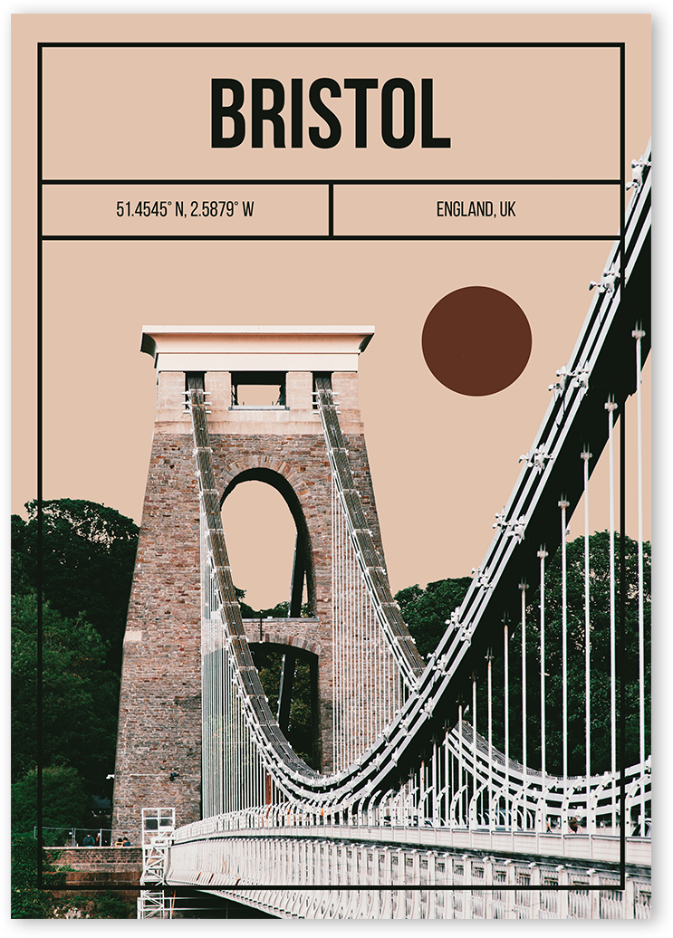 A modern mixed media art print of Brunel's Clifton Suspension Bridge in Bristol.