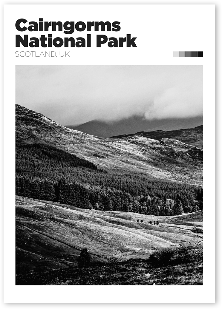 Art print of a stunning Cairngorms National Park landscape photograph in Black and White.