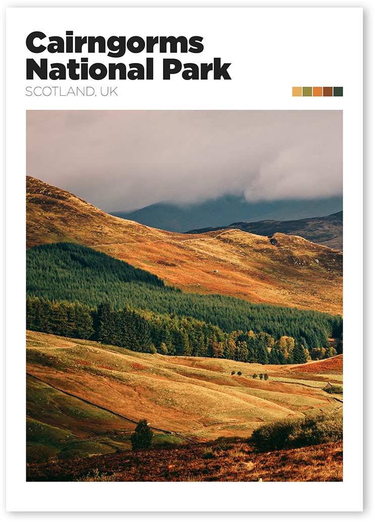Poster of a stunning Cairngorms National Park landscape photo in shades of green and yellow.