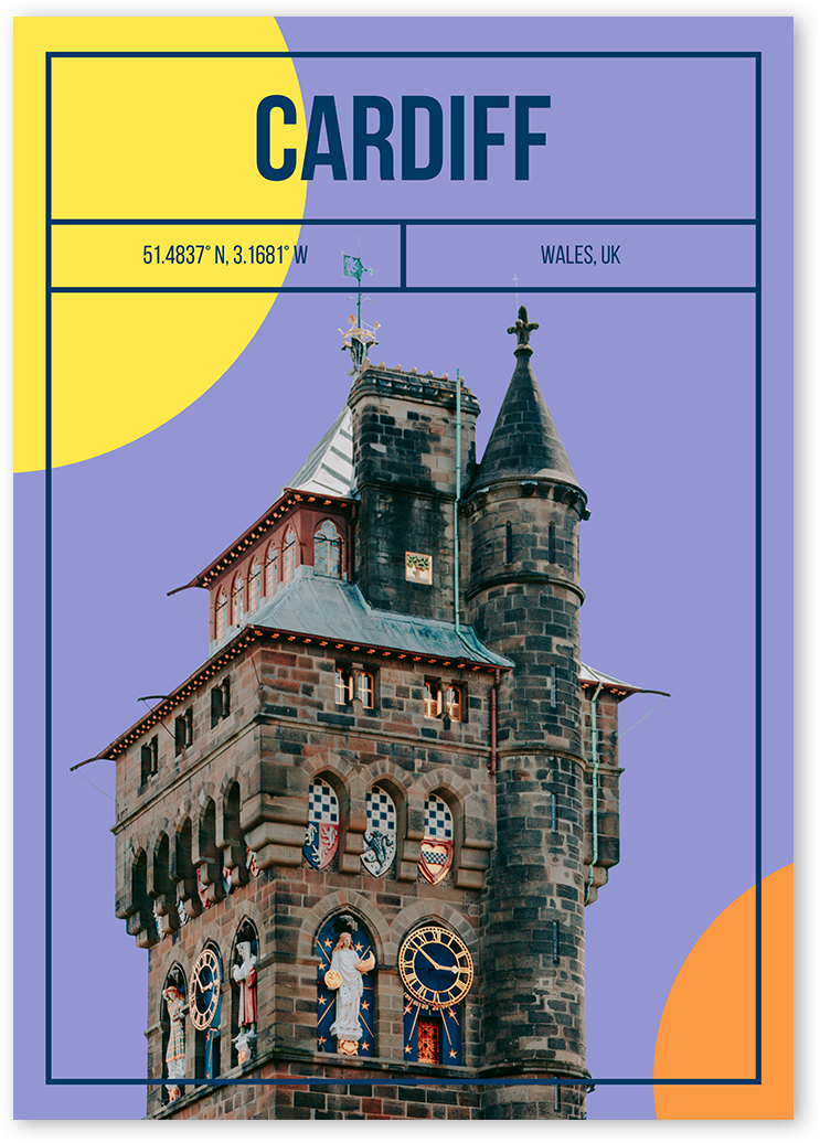 A mixed media art print of clock tower of Cardiff Castle.