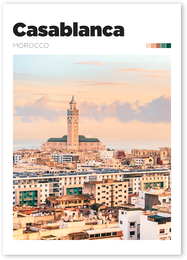 Photography poster of cityscape of Casablanca showing Hassan ii Mosque, Morocco.