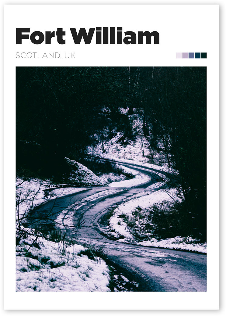A unique photo art of a stunning snowy road in Fort William, Scotland