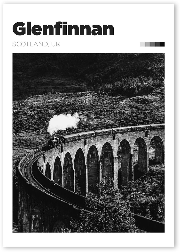 B&W photo print of a train traveling over Glenfinnan Viaduct in Scotland. Reminding Harry Potter's Hogwarts Express.