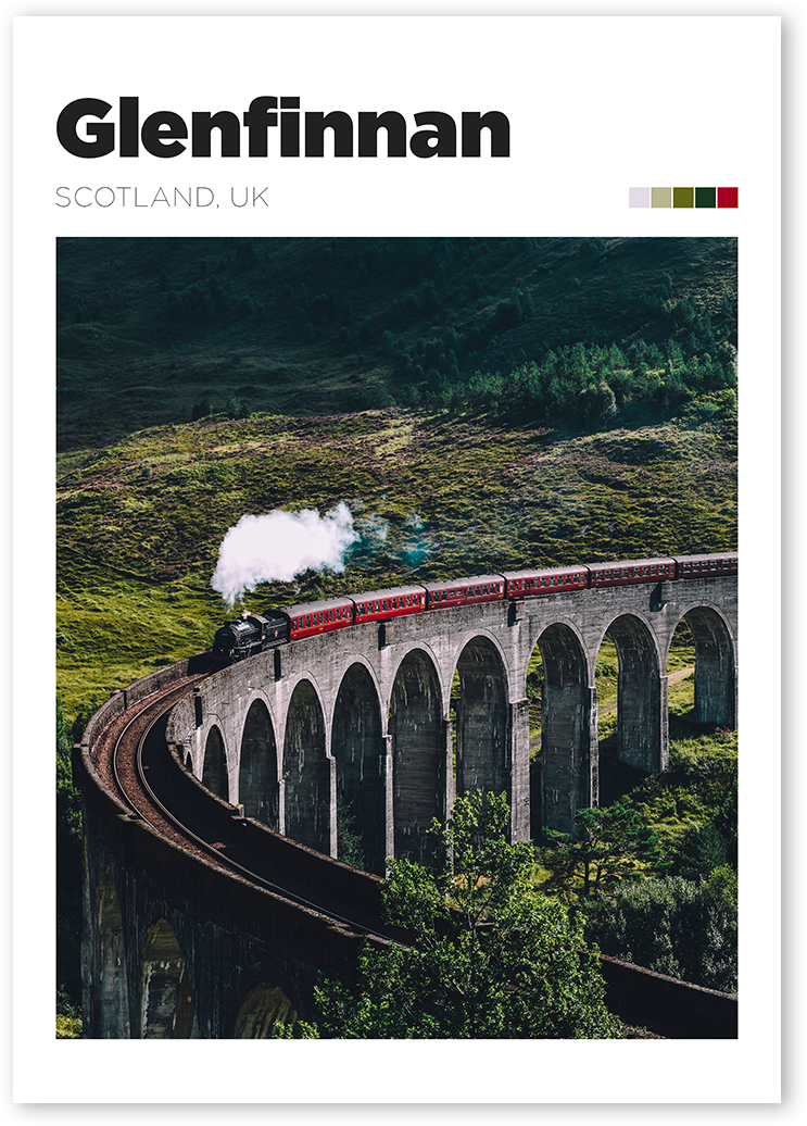 Art print of a train traveling over Glenfinnan Viaduct in Scotland. Reminding Harry Potter's Hogwarts Express.