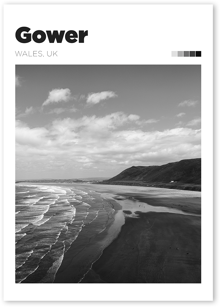 Stunning beach poster in B&W with waves crashing against the shore in Gower, Wales, UK