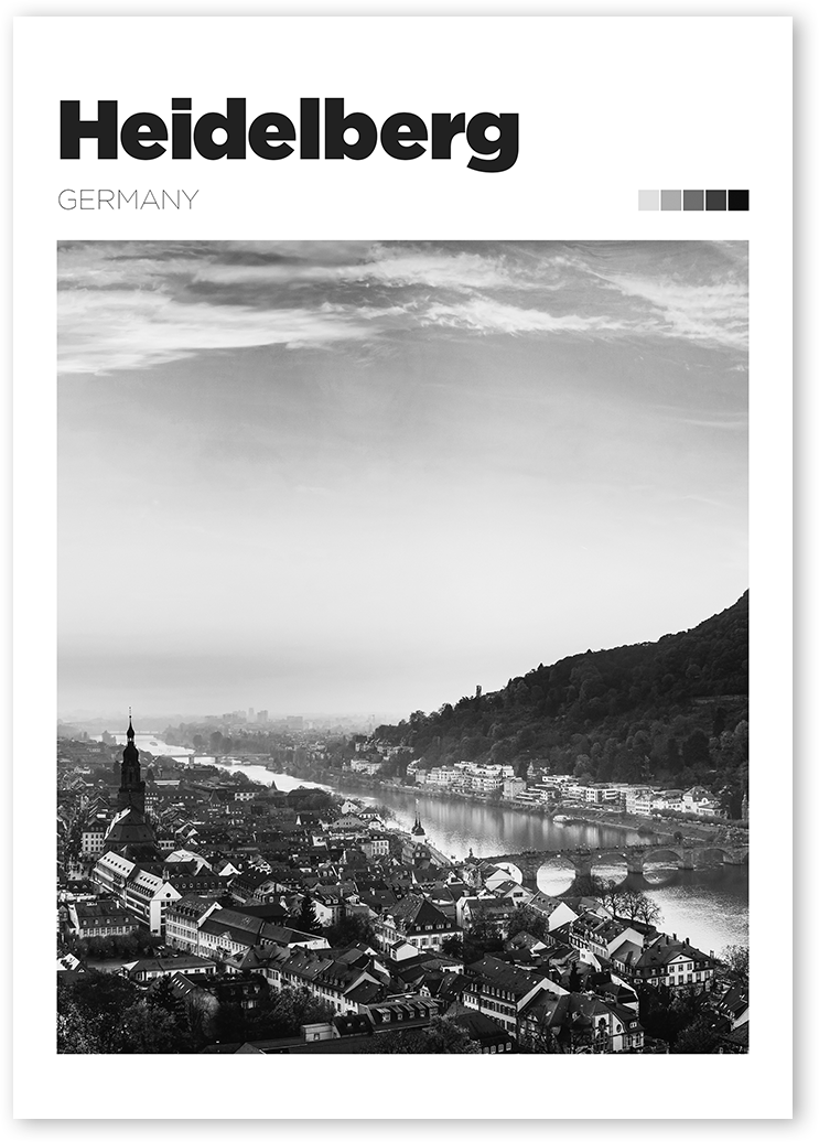 B&W art print of cityscape of Heidelberg, Germany with Neckar River running through it.