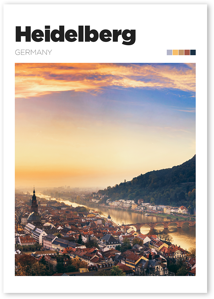 Art print of cityscape of Heidelberg, Germany with Neckar River running through it.