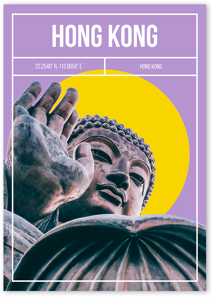 An original artwork of a statue of Buddha in Hong Kong. Main colour is Purple.