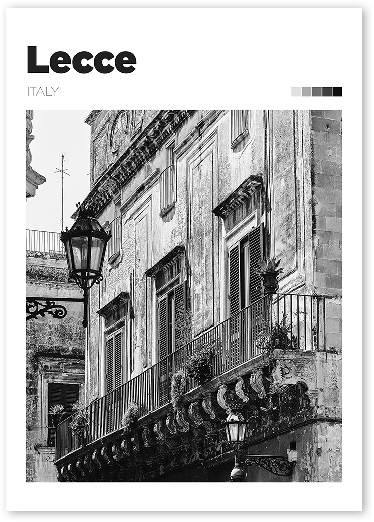B&W photo of a historic building's balcony with plants and lamp in Lecce, Italy