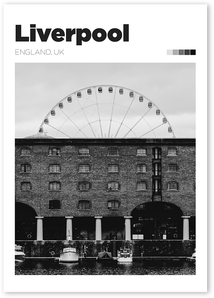 B&W photo print of Albert Dock, Liverpool. The wheel of Liverpool can be seen on top of the brick building.