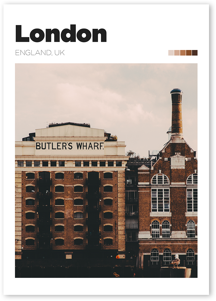 Art print of London's historic building Butler's Wharf on the south bank of River Thames.
