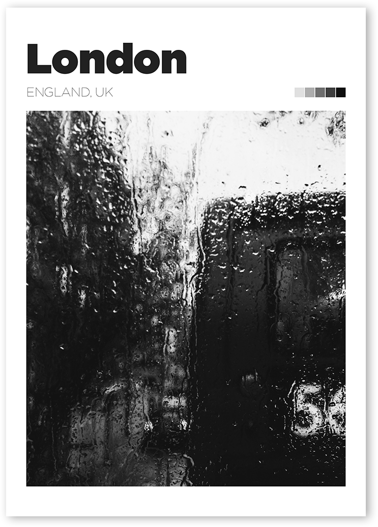 Atmospheric B&W photo of London's iconic double-decker bus seen through a rainy window in London, England.