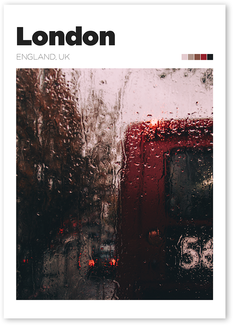 Atmospheric photo of London's iconic red double-decker bus seen through a rainy window in London, England.