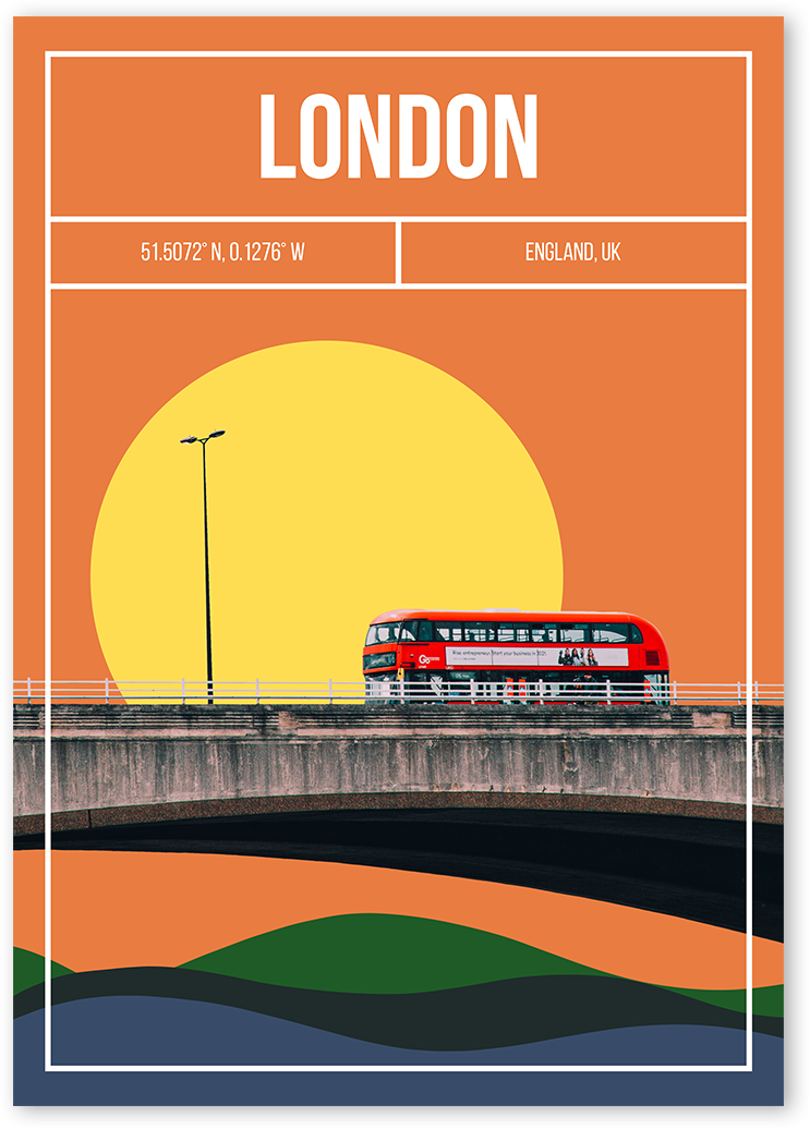 Contemporary art print of London. Red double-decker bus driving over Waterloo Bridge in front of an illustrated sunset.