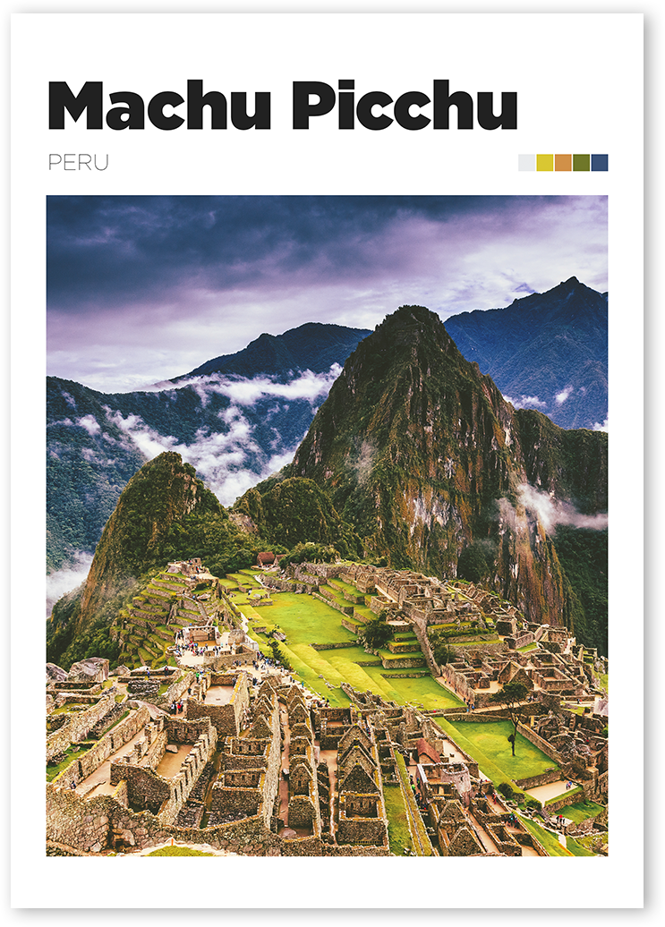 Photography poster of Machu Picchu, a famous Inca citadel in Peru.
