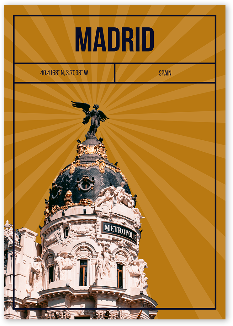 Unique poster of Metropolis Building in Madrid, Spain. The building in front of an illustrated sky makes the print original.