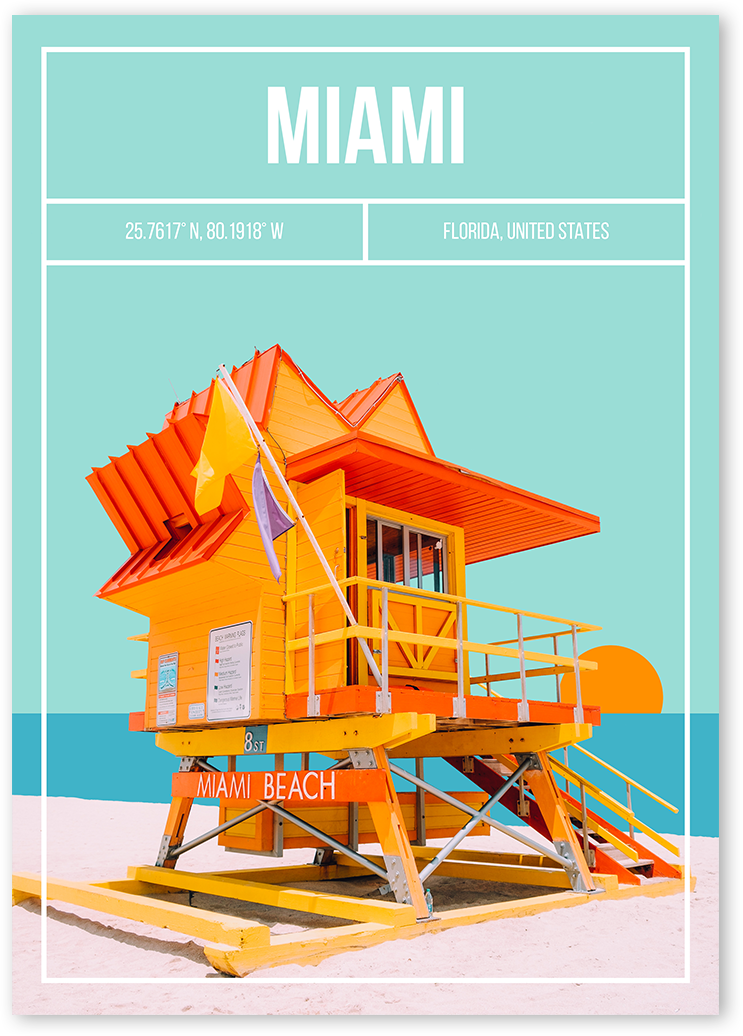 Digital art print of a yellow and orange lifeguard tower on Miami Beach, Florida with illustrated sea, sky and sunset behind.
