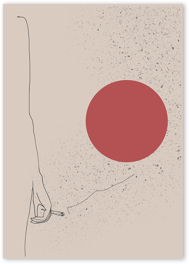 Abstract line art print with red and black lines depicting a person smoking.