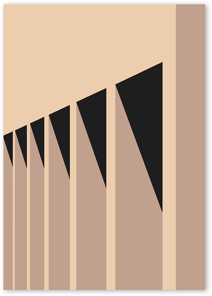 Architectural wall art of a building with shadows making a pattern of black triangle shapes.
