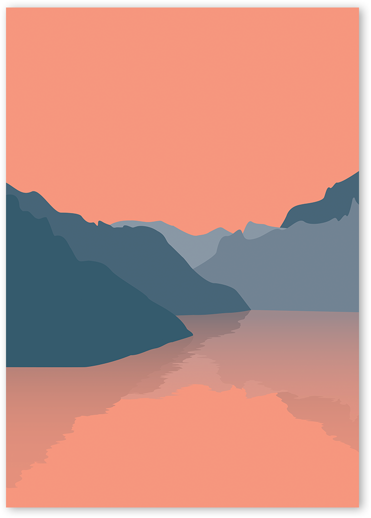 Minimalist art print of Nordic Dusk. The print features a lake with mountains in the background. The lake is a light pink colour and the mountains are blue. The print is part of the Wilderness series of minimalist nature illustrations.