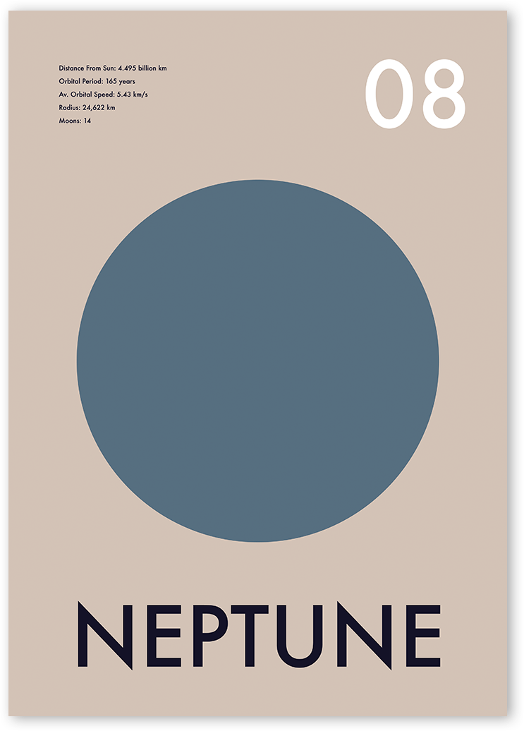 Informative art design of Neptune. A large neptune blue circle with "Neptune" written underneath in bold navy letters on beige background.