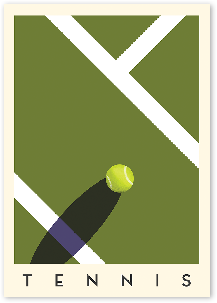 A close up poster design of a tennis court with main green colour and white lines, showing a tennis ball and its long and strong shadow.