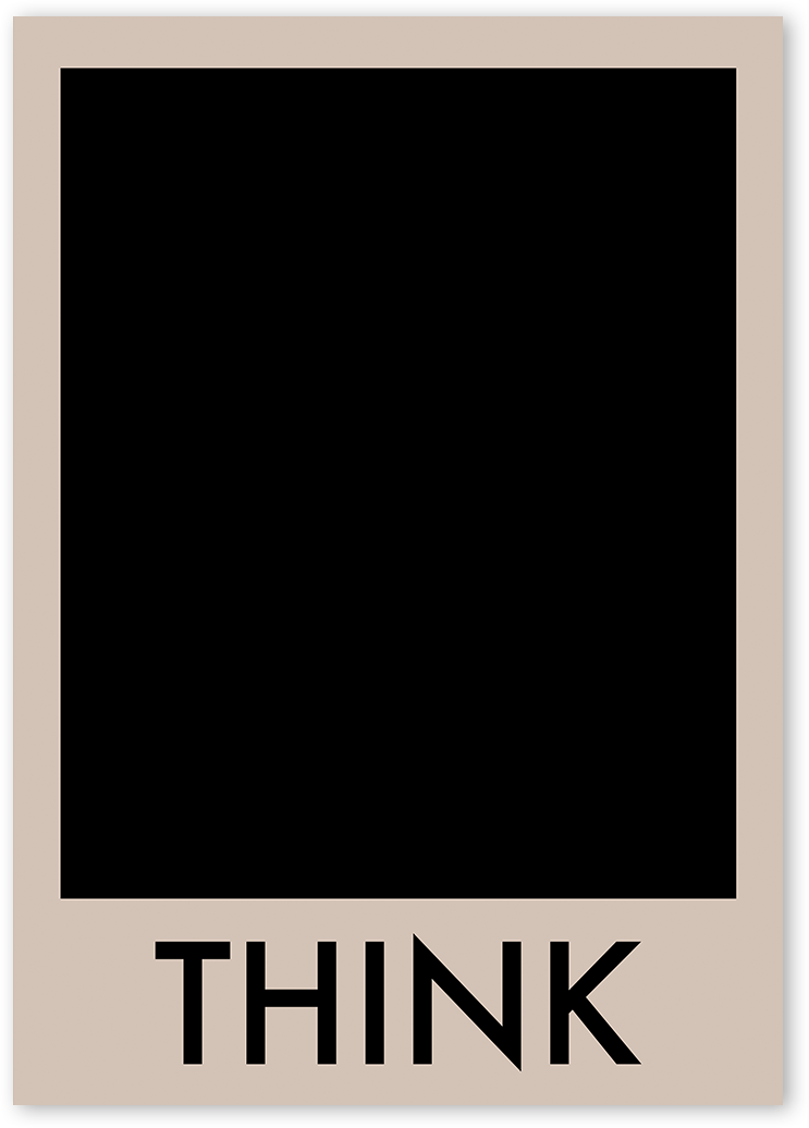 Inspirational art design of black square within a khaki border with the word "THINK" in black letters.