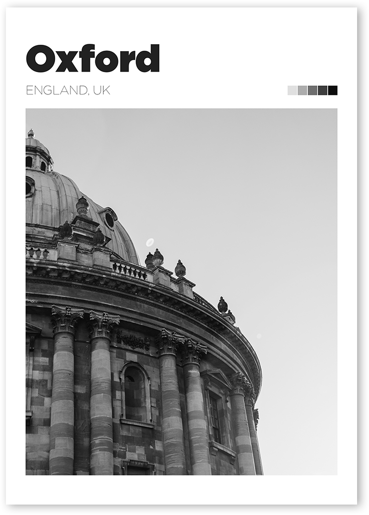 Unique B&W print of Oxford's iconic landmark Radcliffe Camera, showing a film photograph of the building with rays of sun.