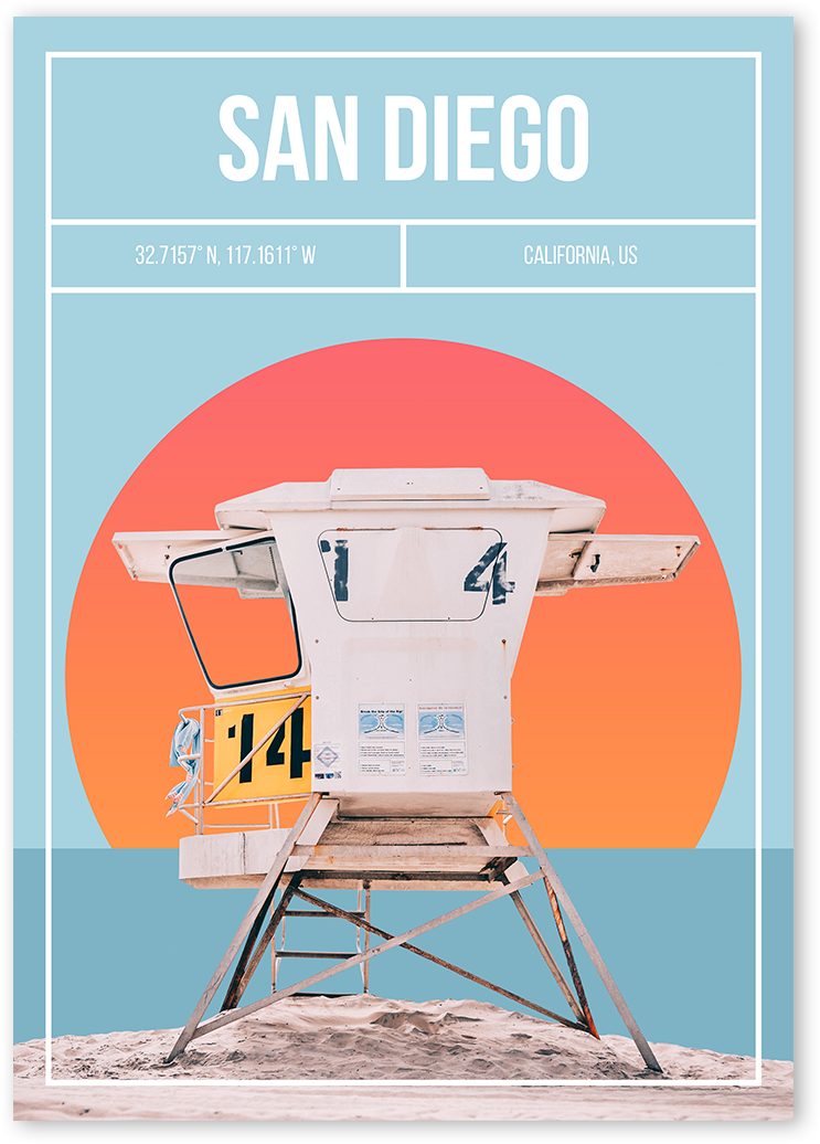 Unique travel poster of lifeguard tower on beach in San Diego, California, with vivid orange sunset behind. 