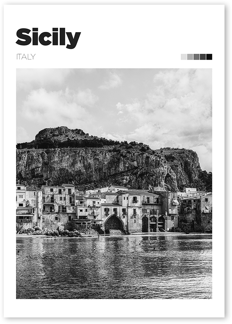 B&W travel poster of cityscape of Palermo, Sicily, Italy